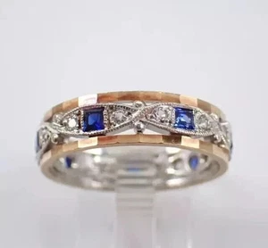Anillo de boda de eternidad de zafiro simulado princesa de 2 quilates chapado en oro de dos tonos de 14 k - Imagen 1 de 6