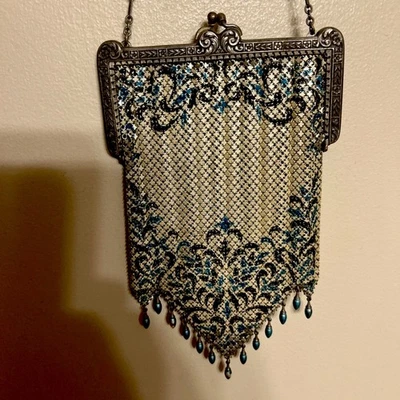 罕见古董 1920 MANDALIAN Mfg Co 艺术装饰珐琅金属网眼翻盖钱包 — 第 1/4 张图片