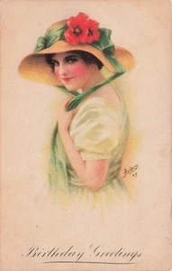 PRETTY WOMAN BIG STRAW HAT W/ POPPIES BIRTHDAY GRRETINGS c1915 POSTCARD 111325 U - Picture 1 of 2
