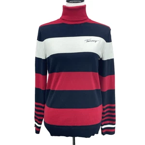 NWOT Tommy Hilfiger Womens M Striped Turtleneck Sweater Red White Navy Preppy - Picture 1 of 8