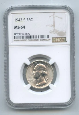 1942-S 25 Cents NGC MS64 Bright BU - Image 1 of 2