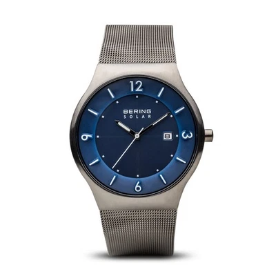 Bering Time - Reloj solar plateado cepillado para hombre con esfera azul oscuro 14440-007 Foto 1 de 4