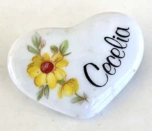 Vintage Name Cecelia Heart Shaped w/ Flower Design Ceramic Pin 1-3/8" L - Picture 1 of 4