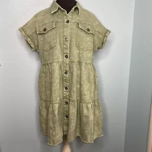 Vanilla Bay Dress Women Size Large Lime Green Denim Short Button Pocket A-Line - Picture 1 of 13