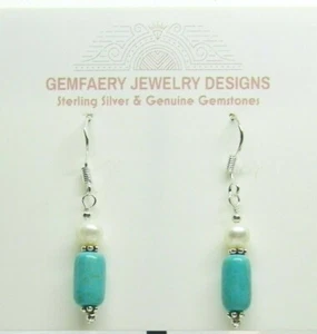 Sterling Silver Natural TURQUOISE & PEARL Dangle Earrings #5179...Handmade USA - Picture 1 of 5