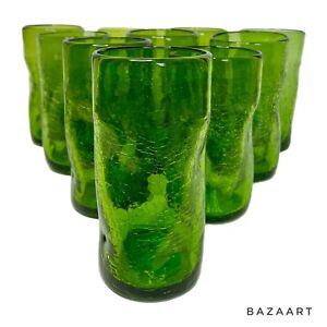 10 Pilgrim Pinch Dimple Crackle Green Tumblers Blenko Style 6” Drinking Glasses