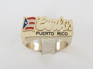 14k Yellow Gold Carlos Name Ring Puerto Rico National Flag Size 10 - Picture 1 of 5