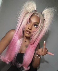 20" Long Straight Layered Cut Ombre Blonde Pink 100% Human Hair Lace Front Wigs - Picture 1 of 4