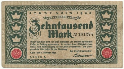 Mül4:2380.10.1 1923 Koln German Notgeld 10,000 mark note (world/lot) - Image 1 of 2