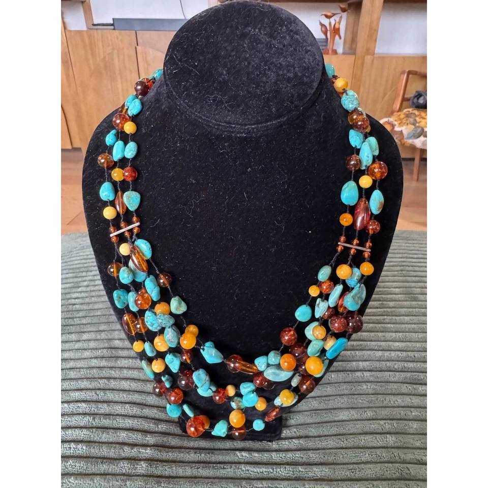 Jay King Turquoise Amber Beaded Necklace 925 Sterling Silver - Image 1 of 4