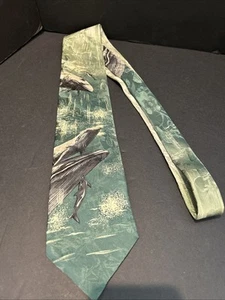 Endangered Species Humpback Whales Necktie Tie Ocean Sea Green Silk Mens Frog - Picture 1 of 11