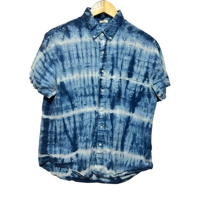 J Crew Men Linen Shirt L Blue Tie Dye Button Front Classic Coastal Resort Beach - Image 1 of 4