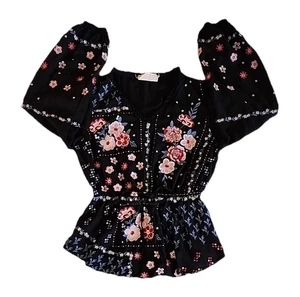 Savanna Jane Top Boho Bauern Blumen bestickt Hippie Bluse schwarz Damen Gr. M - Bild 1 von 10