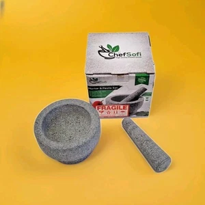 Chefsofi Mortar &Pestle Set 2 Cup Unpolished Heavy Granite NEW Opened Box - Picture 1 of 13