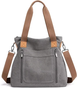 Vintage Canvas Tote Bag for Women - Multi-Pocket Crossbody Shoulder Purse - Picture 1 of 12
