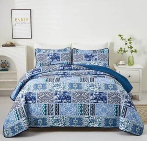 Blue Bedspread Coverlets Set-Patchwork Quilt Set (Double/Queen/King)✅3PCS - Picture 1 of 8