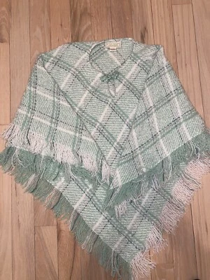 Boyne Valley Weavers Poncho Sweater S M L Mint Plaid Fringe Wool Alpaca Ireland - Image 1 of 4