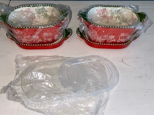 Temptations Floral Lace Festive Red Holiday Ramekins / Baking Set of 2 New - Picture 1 of 9
