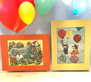 Lot of 2 Whimsical Mouse Themed Prints Artist Shera 1978 Limited Editions Matted - Picture 1 of 15