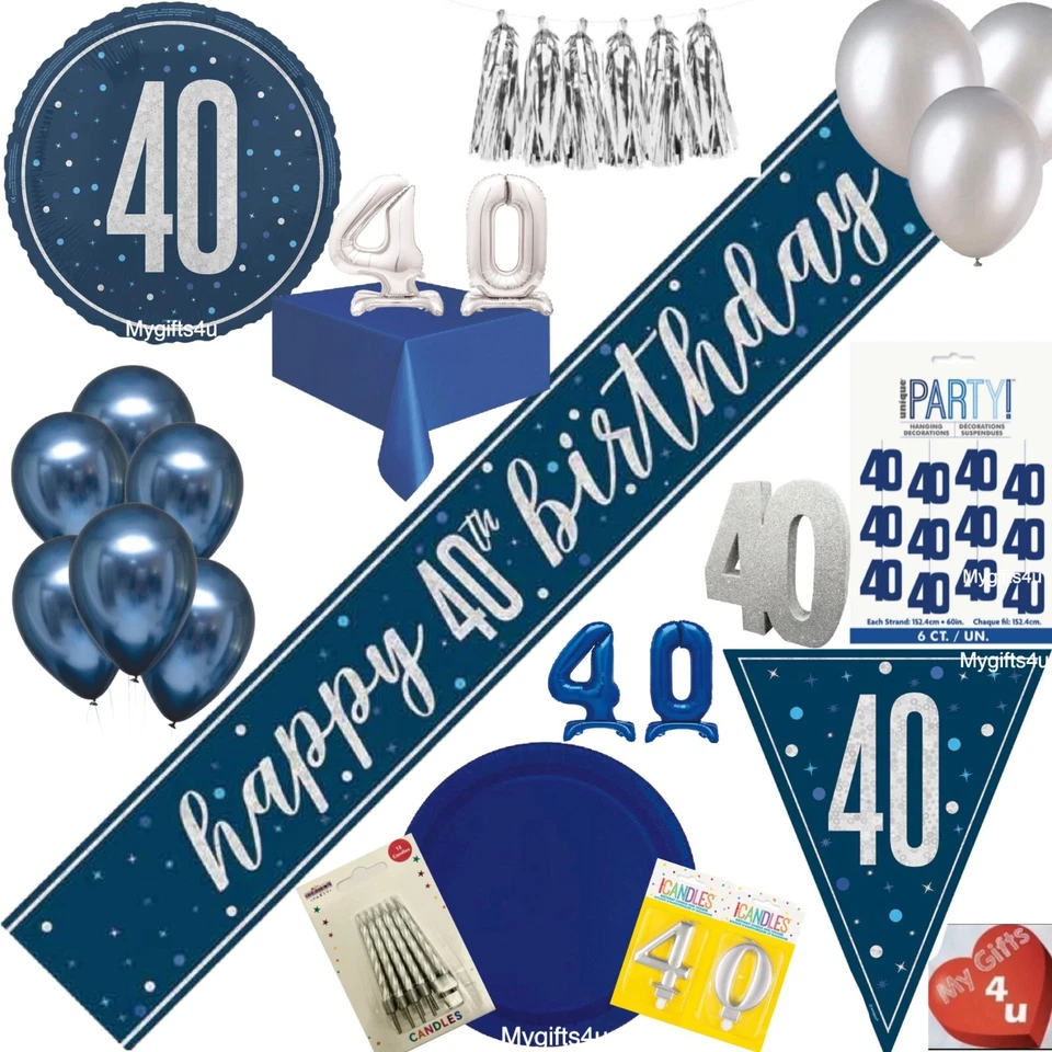UNIQUE PARTY Striscione palloncini argento decorazioni festa 40° e buon compleanno blu età