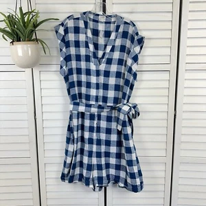 New J Crew Factory Linen Blend Tie Waist Romper Blue White Gingham Check Size 16 - Picture 1 of 10
