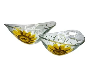 Nella Sunflower Hand Painted Glass Bowls Nesting Set of 2 Sloped Small Candy - Picture 1 of 20