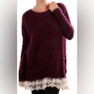 Maglione boho Altar'D State Plum viola fuzzy morbido ciglia orlo pizzo taglia S usato in ottime condizioni - Foto 1 di 8