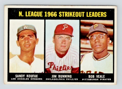 Tarjeta Topps 1967, #238 Sandy Koufax, Jim Bunning y Bob Veale, líderes de ponche Foto 1 de 3