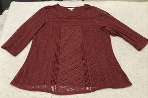 Krazy Kat Red 3/4 Sleeve Crochet Knit Blouse SZ XL Flirty Fun - Picture 1 of 15