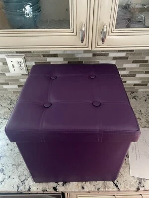 Purple Vinyl Foldable Storage Ottoman - 14.5x14.5x15”  — 第 1/4 张图片