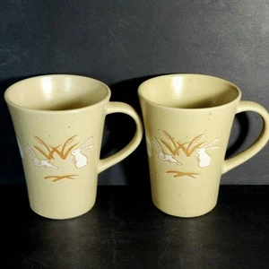 Otagiri Speckle Stoneware Mugs Bunny Rabbits Hare Hagi Ware Tan Vintage Pottery - Picture 1 of 6