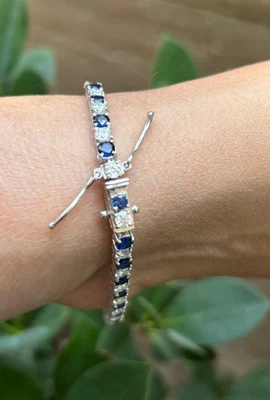 Brazalete Tenis Diamante Zafiro Azul Natural 12,00 Ct Oro Blanco Sólido 14K 7,5" Foto 1 de 4
