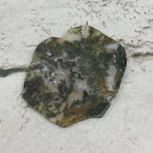 Moss Agate Pendant Large Green Gold Toned Fastening 3” x 2.5” - Picture 1 of 5