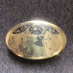 Oval Brass ART DECO Nouveau HINGED Candy Tin SCOVILL LADY Trees, Floral, Birds - Picture 1 of 11