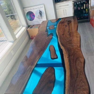 Made To Order Blue Epoxy Resin Center Sofa Dining Table Natural Wooden Furniture - Image 1 of 4