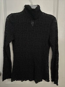 VTG EUC Apt. 9 Black Lace Sheer Top Long Sleeve Mock Neck Size Large Made In USA - Picture 1 of 10
