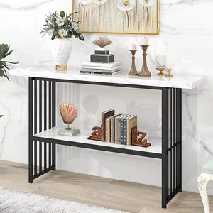 Narrow Console Table, 2-Tier Long Entryway Table w/Faux Marble Top & Metal Frame - Picture 1 of 8