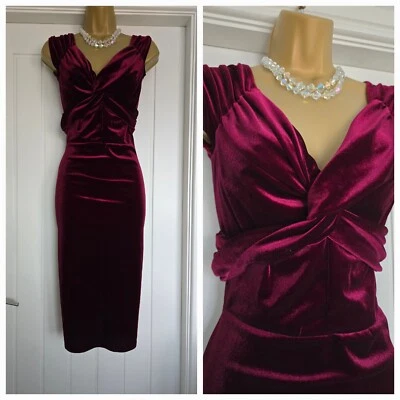 Vintage 1940s 1950s Style Stretch Wine Velvet Party Christmas Pencil Dress 10 12 - Image 1 of 4