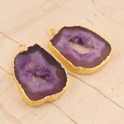 Purple Genuine Geode Slice Gold Plated Double Bail DIY Earring Pair Connector - Image 1 of 3