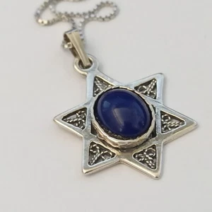 Silver Star of David Necklace Blue Filigree Signed Israel Men's Unisex 925 Gift - Picture 1 of 20