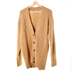 J. Maglione cardigan oversize Crew grossa maglia cavo lana alpaca cammello S accogliente - Foto 1 di 13
