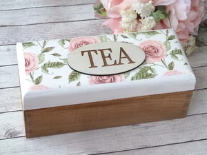 Scatola da tè in legno. Scatola bustine da tè shabby chic. Scatola rustica boema. Regalo festa della mamma - Foto 1 di 15