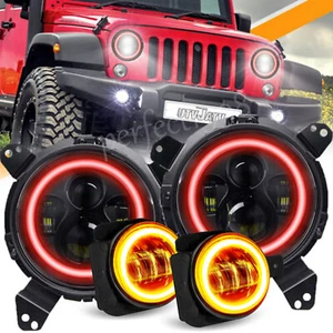 For 2018-2025 Jeep Wrangler JL Gladiator JT LED Headlights Red Halo + Fog Lights - Picture 1 of 23