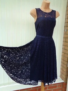 HOBBS ABIGALE NAVY BLUE SHEER LACE 50'S FLARE MIDI COCKTAIL DRESS 10 £159 ONCE - Picture 1 of 9