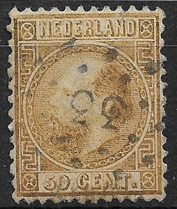 Netherlands 1867-1868 King Willem 3,  NVPH no. 12, 50 cents gold, numeral can. - Picture 1 of 2