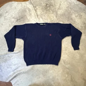 Timberland Sweater Mens Size Large Blue Ribbed Knit Logo Cotton Grandpa core - Picture 1 of 7