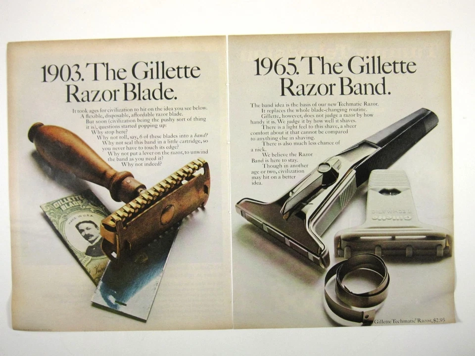 Hoja de afeitar Gillette banda de afeitar impresión anuncio historia 1903 a 1965 evolución del afeitado Foto 1 de 2