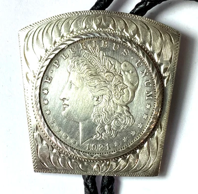 Corbata bolo dólar Morgan Sterling Boyd Reno pesada 1921 $1 cuero negro 18" Foto 1 de 4