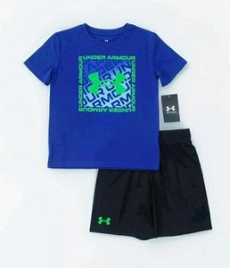 Boys Size 5 nike Under Armour Shirt & Shorts 2 Piece Blue Green Black Set: NWT - Picture 1 of 3
