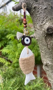 Coastal Wooden Fish Wall Hanging with Evil Eye Bead - Picture 1 of 6